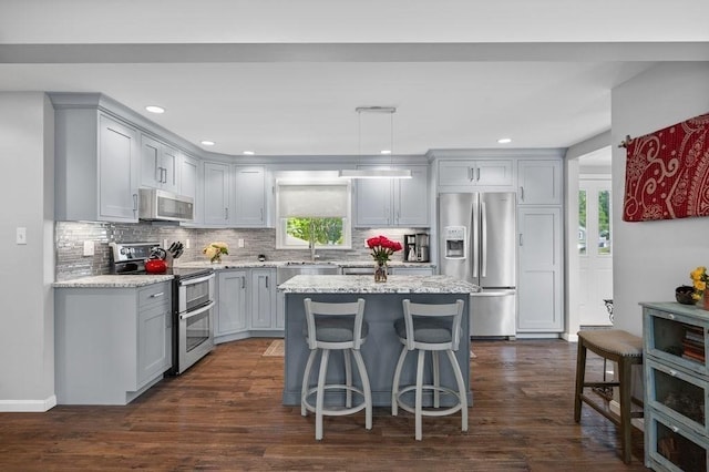 11 Beaver Park, Danvers, MA 01923 - kitchen with stainless steel appliances, gray cabinets, decorative backsplash, and recessed lighting