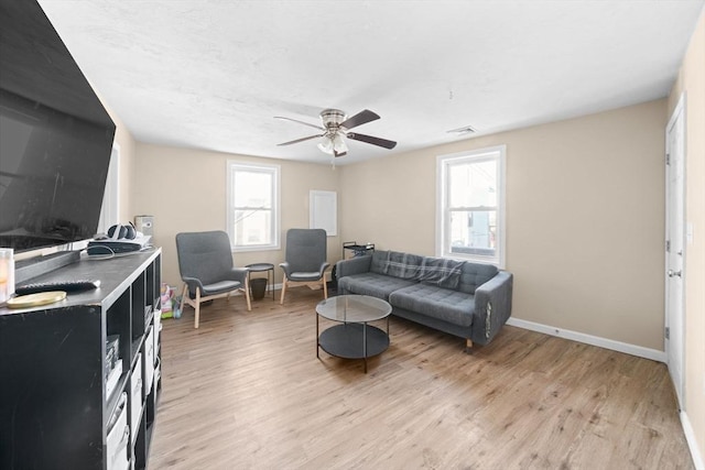 living room featuring light hardwood / wood-style flooring and ceiling fan