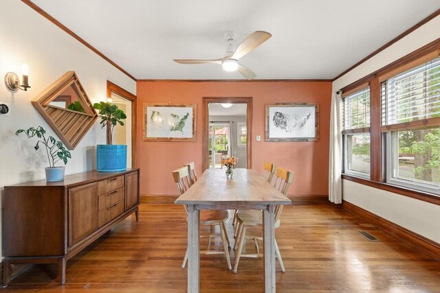 61 Fiske Ave, Waltham, MA 02453 - dining space featuring ornamental molding, wood finished floors, plenty of natural light, and ceiling fan