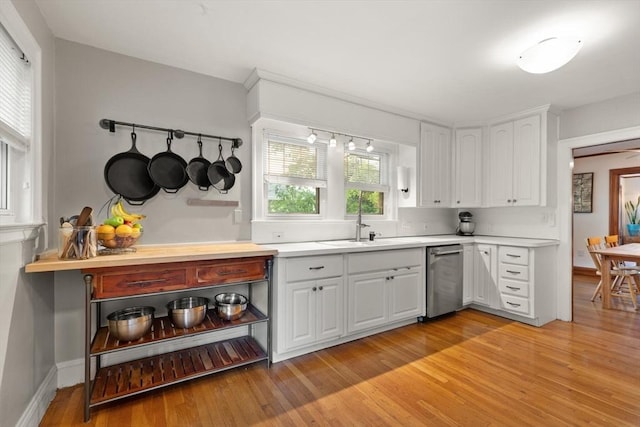 61 Fiske Ave, Waltham, MA 02453 - kitchen featuring dishwasher, light wood-style flooring, white cabinetry, and light countertops