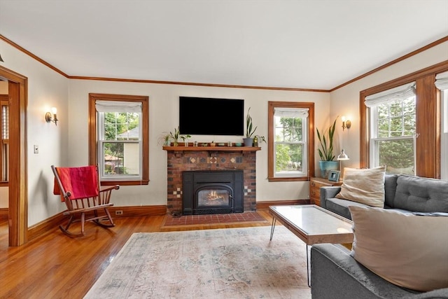 61 Fiske Ave, Waltham, MA 02453 - living room with wood finished floors, ornamental molding, and a brick fireplace