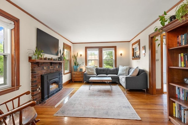 61 Fiske Ave, Waltham, MA 02453 - living room featuring crown molding, wood finished floors, and a fireplace