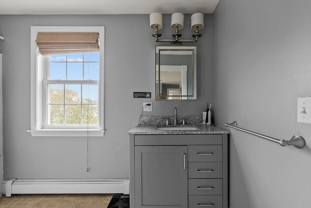 12 Callender Ave, Newport, RI 02840 - bathroom featuring a baseboard heating unit, vanity, and tile patterned flooring