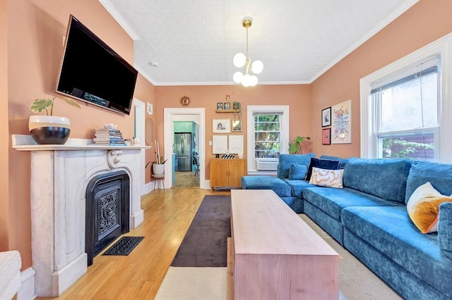 17 Teel St Unit 1, Arlington, MA 02474 - living room with light wood finished floors, ornamental molding, a wood stove, and a chandelier