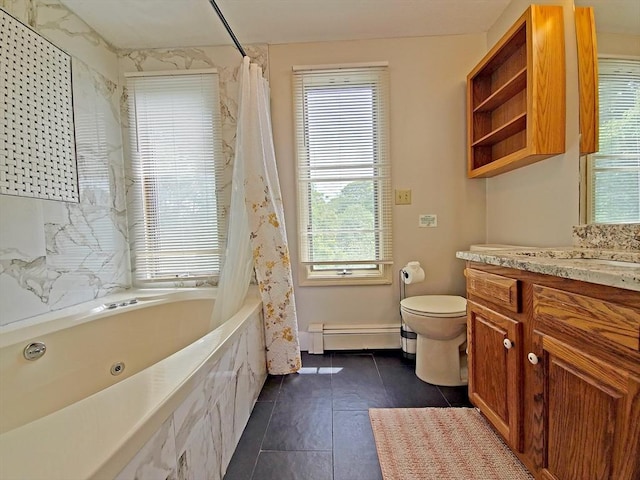 30 Norris Path, Falmouth, MA 02536 - bathroom with baseboard heating, a jetted tub, vanity, toilet, and tile patterned floors