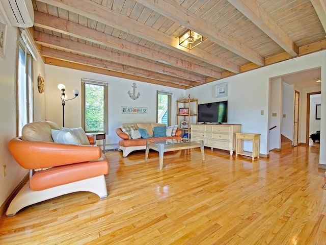 30 Norris Path, Falmouth, MA 02536 - living area with a wall mounted AC, healthy amount of natural light, light wood-style floors, wooden ceiling with exposed beams, and a baseboard heating unit