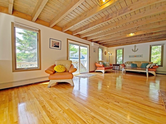 30 Norris Path, Falmouth, MA 02536 - living area featuring hardwood / wood-style floors, healthy amount of natural light, a baseboard heating unit, a wall mounted air conditioner, and wood ceiling with exposed beams