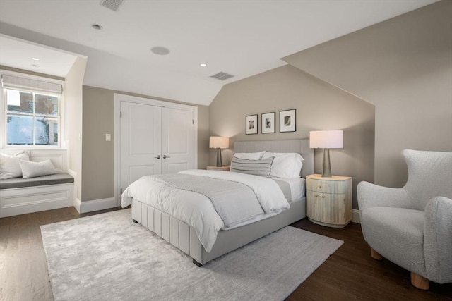 bedroom featuring wood-type flooring, vaulted ceiling, and a closet