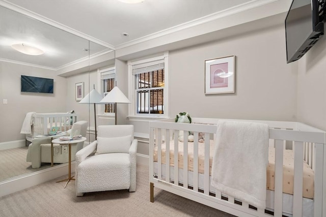 carpeted bedroom with ornamental molding