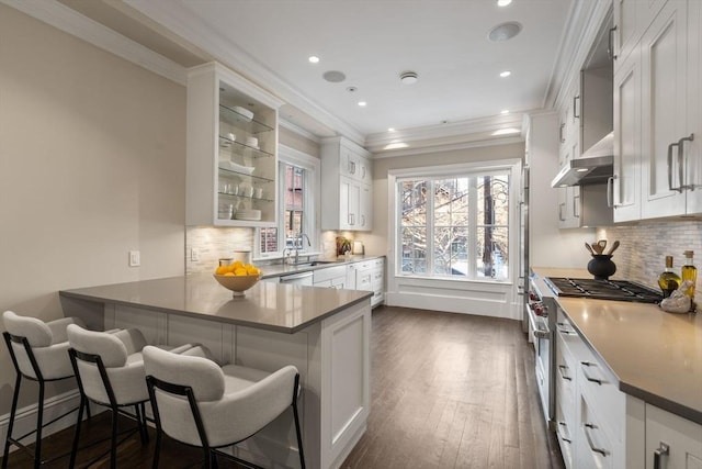 kitchen featuring high end stainless steel range oven, white cabinetry, a kitchen breakfast bar, and kitchen peninsula