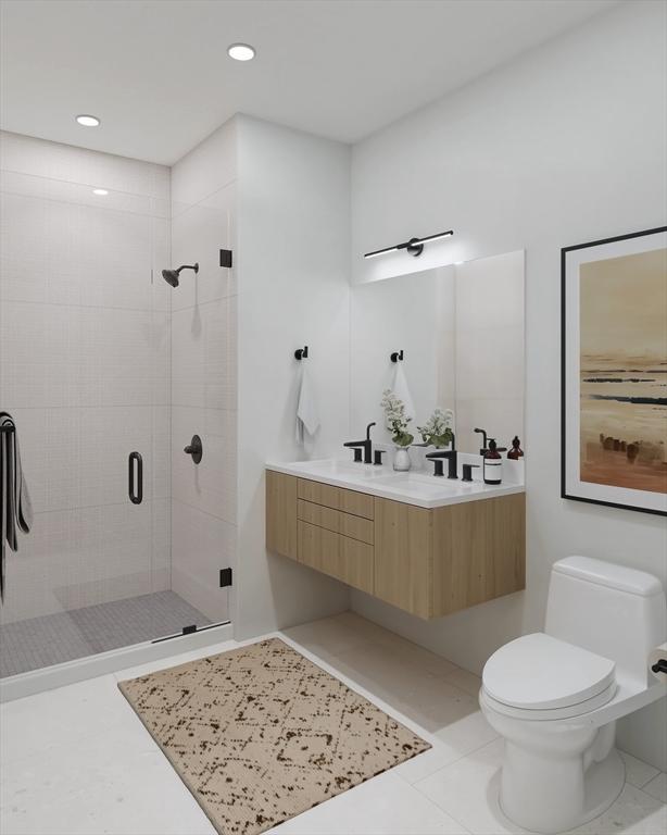 1395 Washington St Unit 205, Boston, MA 02118 - bathroom featuring a shower stall, vanity, toilet, recessed lighting, and tile patterned flooring