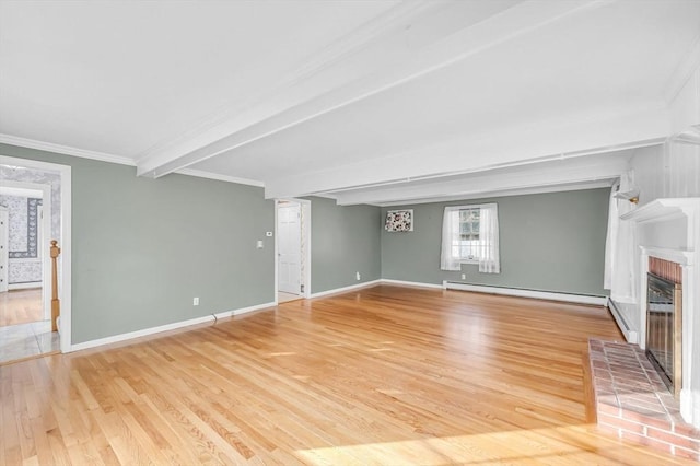 unfurnished living room featuring beam ceiling, a fireplace, a baseboard radiator, and light hardwood / wood-style flooring