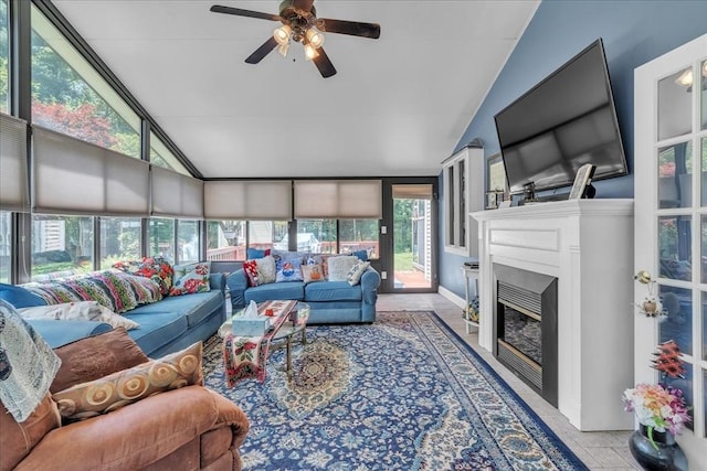 33 Dean St, Norton, MA 02766 - living area featuring ceiling fan, a fireplace, and high vaulted ceiling
