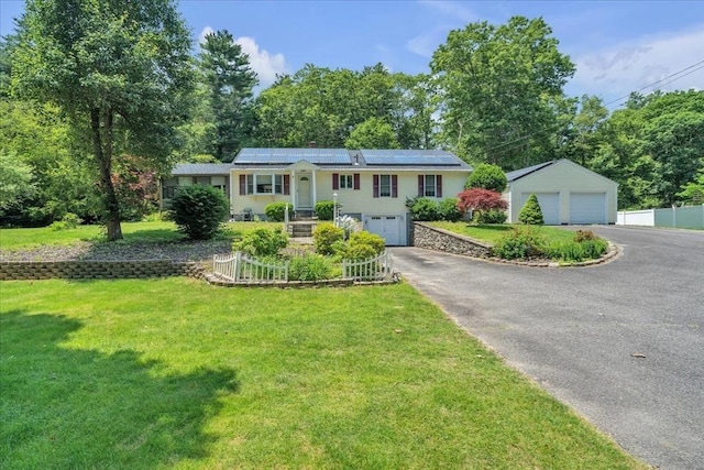 33 Dean St, Norton, MA 02766 - single story home featuring roof mounted solar panels and a front yard