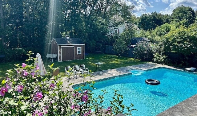 46 Frairy St, Medfield, MA 02052 - swimming pool featuring a storage shed, an outdoor structure, and a patio