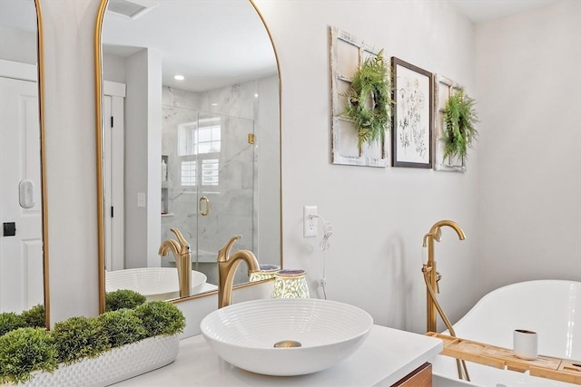 bathroom featuring vanity and independent shower and bath