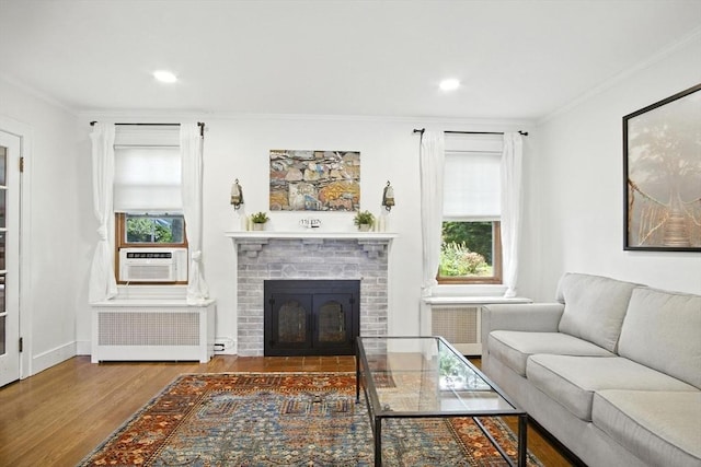 182 Winn St, Woburn, MA 01801 - living area with radiator, wood finished floors, crown molding, cooling unit, and a fireplace