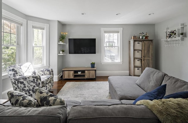 living area featuring plenty of natural light, baseboards, wood finished floors, and recessed lighting