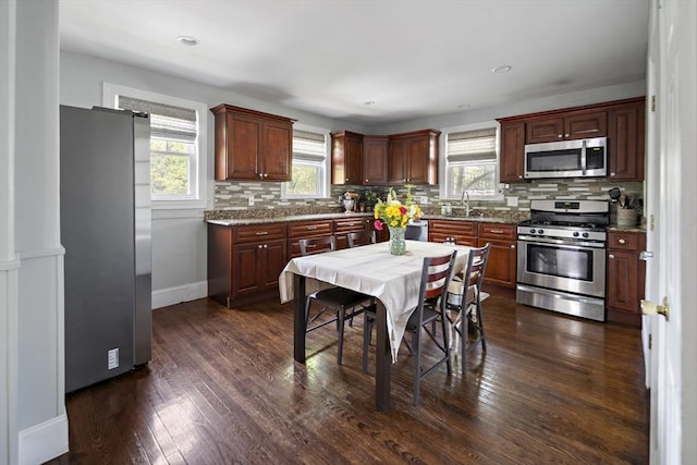 kitchen with stainless steel appliances, a sink, healthy amount of natural light, and tasteful backsplash