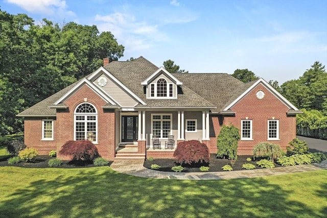 42 High St, Freetown, MA 02702 - view of front of house featuring a chimney, covered porch, a front yard, and brick siding