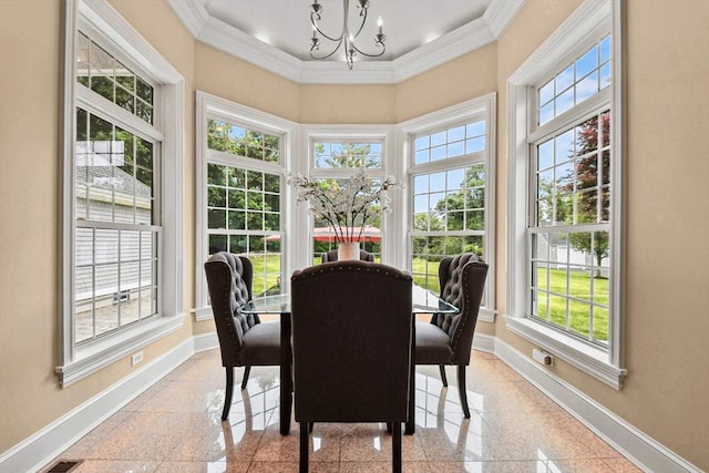 42 High St, Freetown, MA 02702 - dining space featuring crown molding, a chandelier, granite floors, and a high ceiling