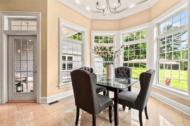 42 High St, Freetown, MA 02702 - dining space featuring crown molding, a chandelier, healthy amount of natural light, and a towering ceiling