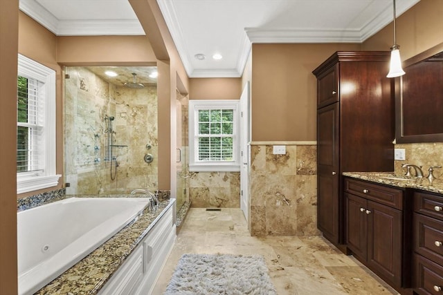 42 High St, Freetown, MA 02702 - bathroom with a stall shower, a whirlpool tub, crown molding, vanity, and wainscoting