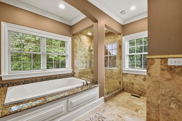 42 High St, Freetown, MA 02702 - bathroom featuring crown molding, a garden tub, a stall shower, and recessed lighting