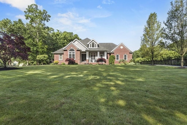 42 High St, Freetown, MA 02702 - view of front of property with brick siding, a front yard, and covered porch