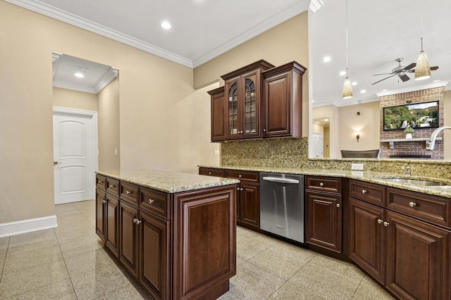 42 High St, Freetown, MA 02702 - kitchen featuring dishwasher, recessed lighting, backsplash, light stone counters, and crown molding