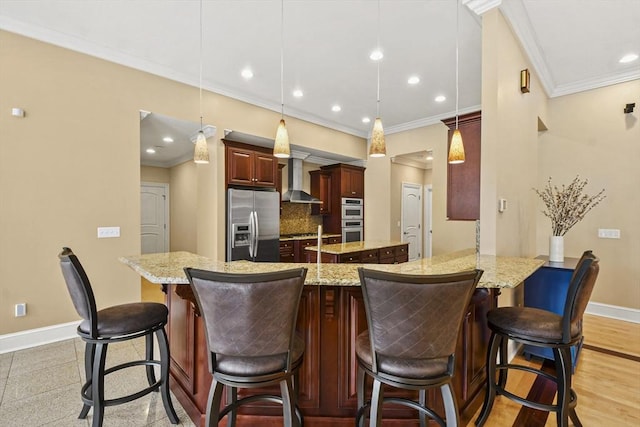 42 High St, Freetown, MA 02702 - kitchen featuring appliances with stainless steel finishes, crown molding, a center island, wall chimney exhaust hood, and tasteful backsplash