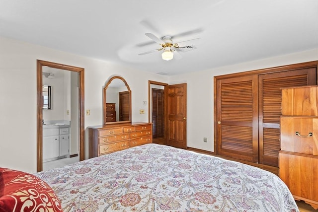 bedroom featuring ensuite bathroom, a closet, visible vents, and a ceiling fan