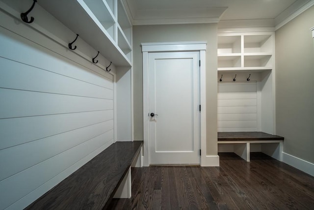 mudroom featuring dark hardwood / wood-style flooring and crown molding