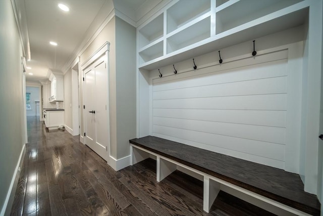 mudroom with dark hardwood / wood-style flooring and crown molding