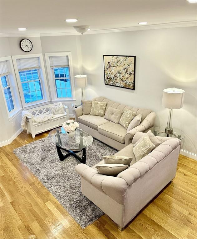 living room featuring ornamental molding and light hardwood / wood-style flooring