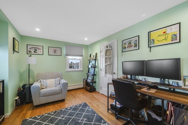 office area featuring light hardwood / wood-style floors and a baseboard radiator