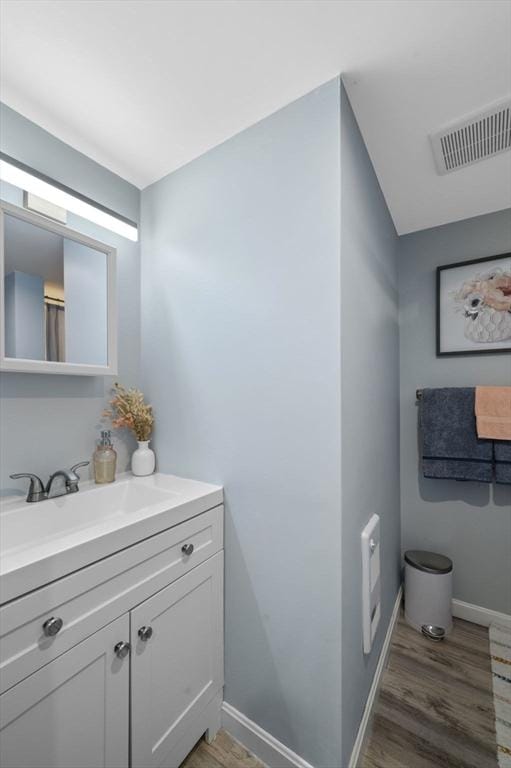 bathroom featuring hardwood / wood-style floors and vanity