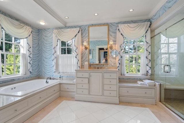 bathroom with wallpapered walls, plenty of natural light, ornamental molding, and a bath