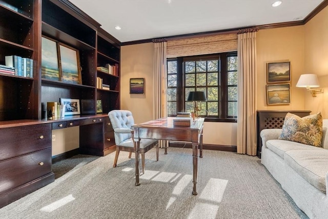 carpeted office featuring baseboards, crown molding, and recessed lighting