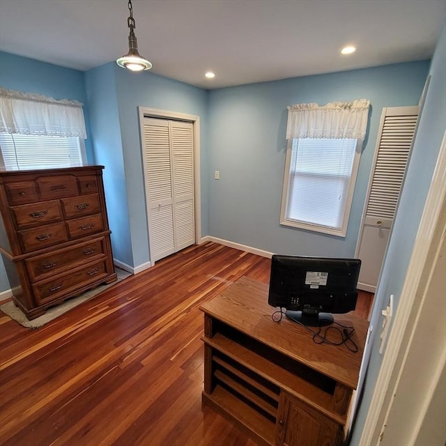 interior space featuring dark hardwood / wood-style flooring, a closet, and multiple windows