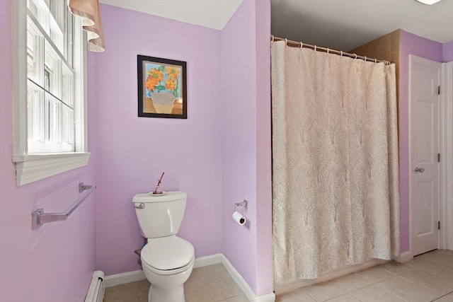 112 Stoddard Dr, North Attleboro, MA 02760 - full bath with toilet, tile patterned flooring, baseboards, and a shower with shower curtain