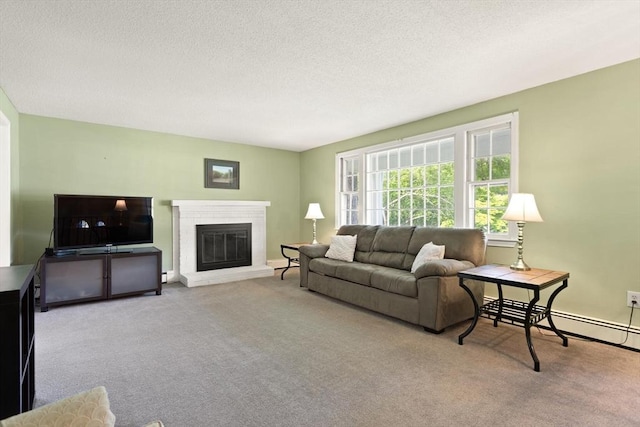 112 Stoddard Dr, North Attleboro, MA 02760 - living area with carpet floors, a fireplace, a textured ceiling, and baseboards
