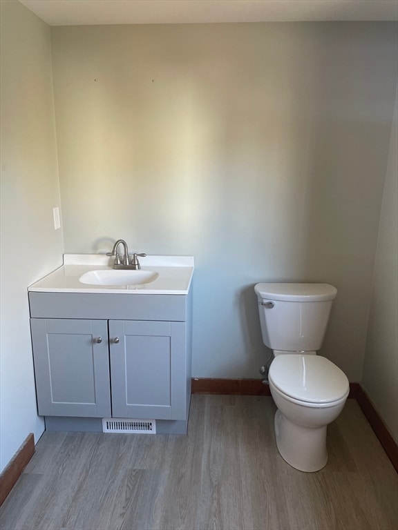 bathroom featuring toilet, vanity, and wood-type flooring