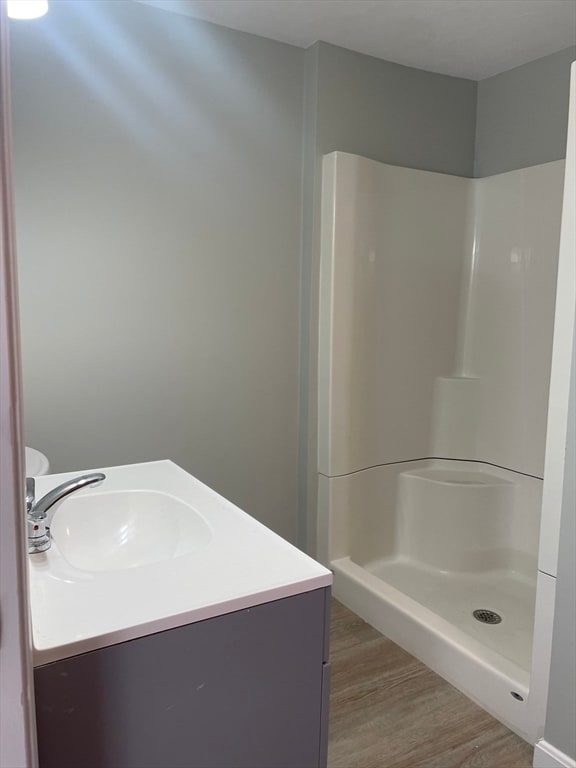 bathroom featuring walk in shower, vanity, and wood-type flooring