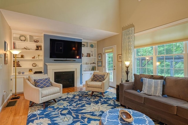 44 Stevens Rd Unit 44, Hudson, MA 01749 - living area featuring a glass covered fireplace, light wood finished floors, and built in shelves