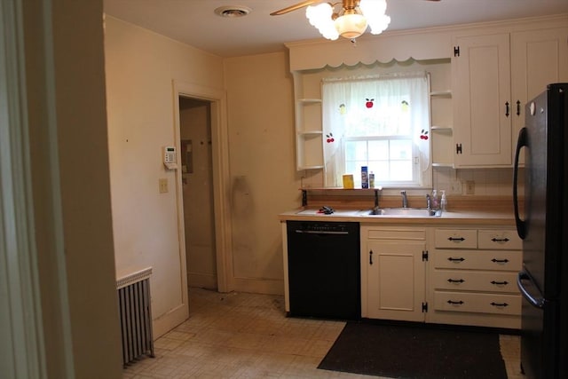 kitchen with black appliances, open shelves, a sink, ceiling fan, and light flooring