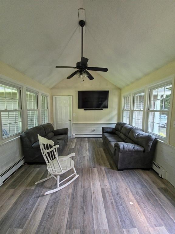 48 Sofia Rd, Stoughton, MA 02072 - living room featuring wood finished floors, vaulted ceiling, a baseboard radiator, ceiling fan, and baseboard heating