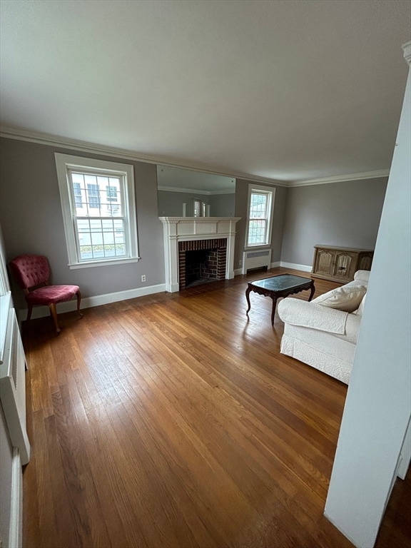 unfurnished living room with a fireplace, crown molding, hardwood / wood-style floors, and a wealth of natural light