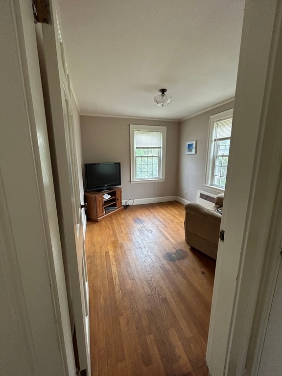 unfurnished living room featuring light hardwood / wood-style flooring and ornamental molding