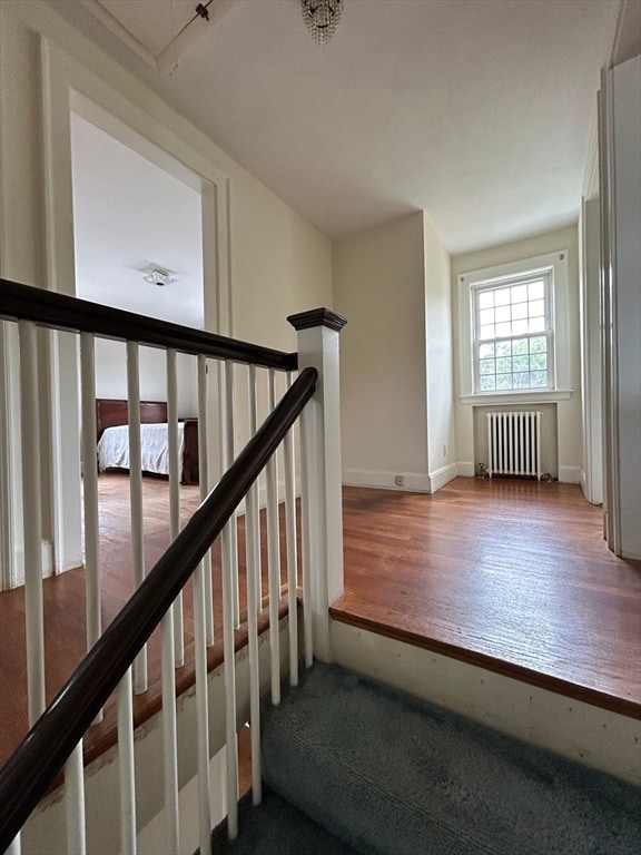 stairs with radiator and hardwood / wood-style floors